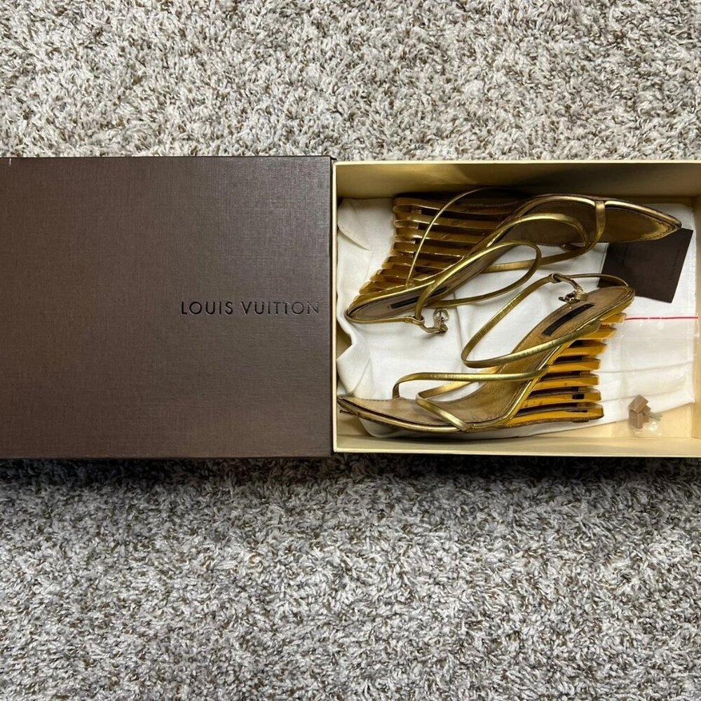 RARE Louis Vuitton Metallic Gold Strappy Shoes Sandal Wedge/Heel Combo